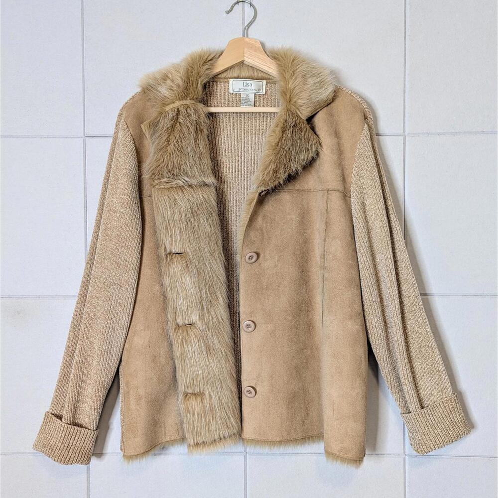Vintage 90s faux fur & suede boucle knit cardigan jacket